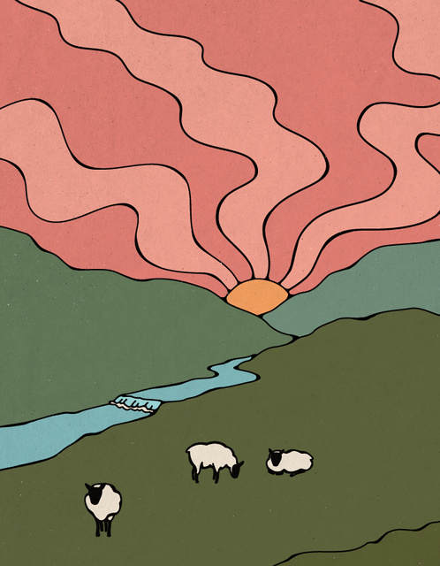 Illustration of three sheep in a field next to a river with sun setting behind mountains